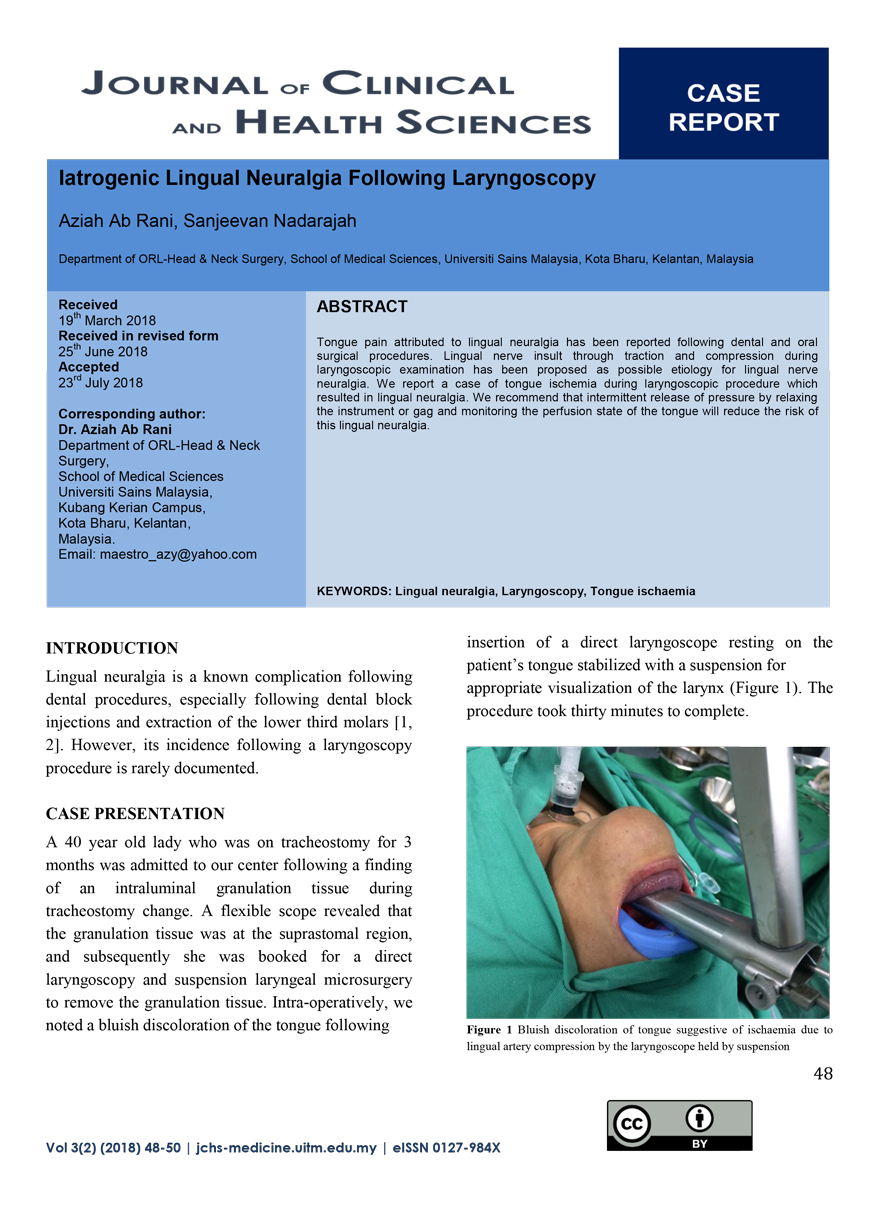 Iatrogenic Lingual Neuralgia Following Laryngoscopy 1