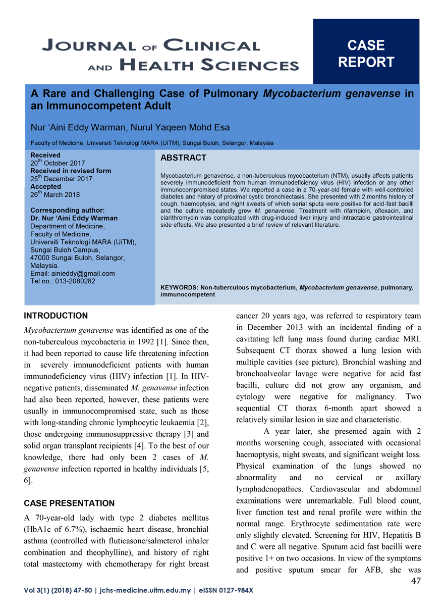 A Rare and Challenging Case of Pulmonary Mycobacterium genavense in an Immunocompetent Adult 1