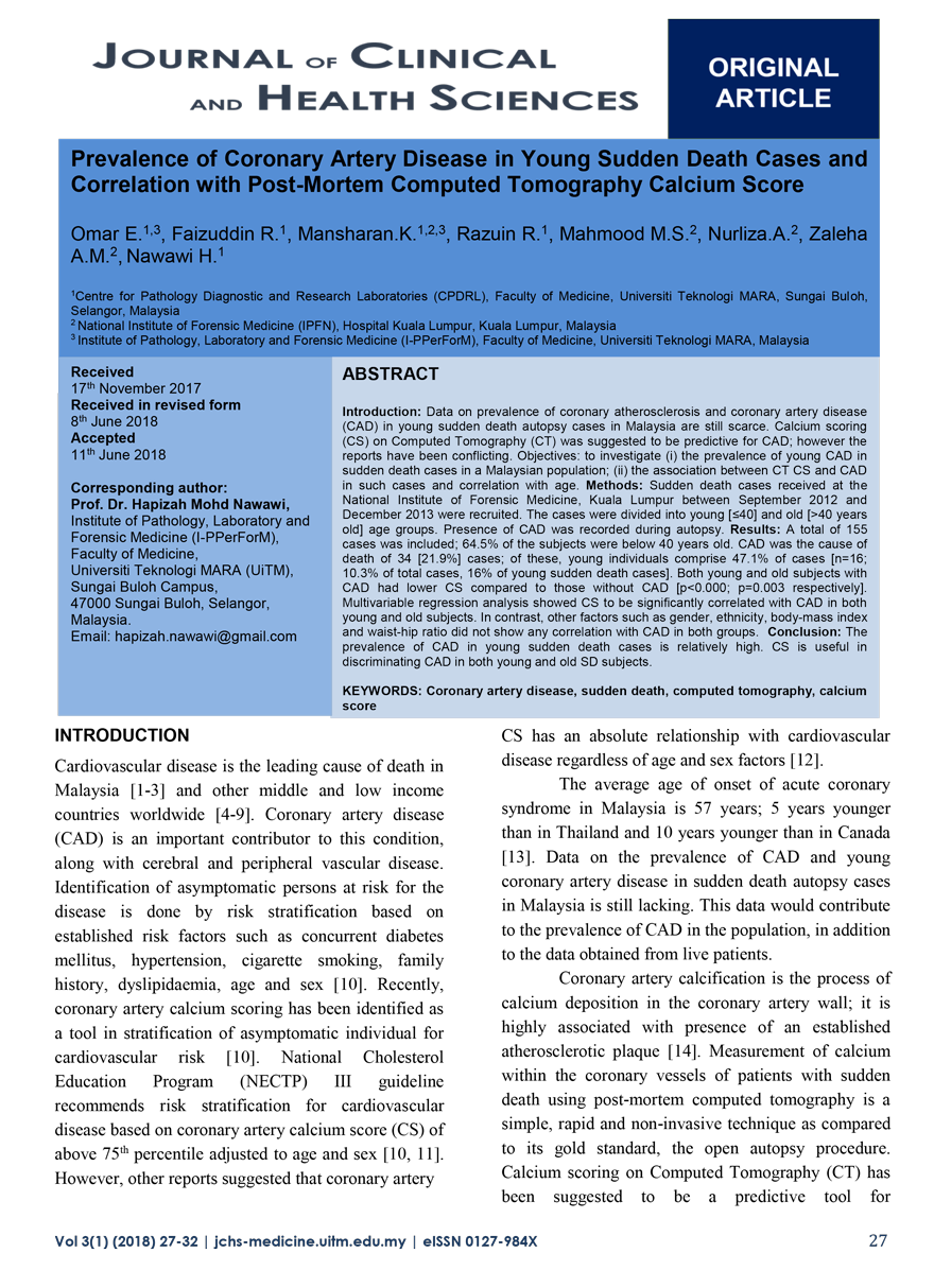 Prevalence of Coronary Artery Disease in Young Sudden Death Cases and Correlation with Post Mortem Computed Tomography Calcium Score 1
