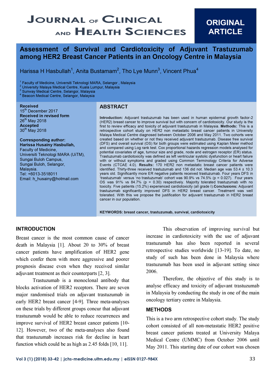 Assessment of Survival and Cardiotoxicity of Adjuvant Trastuzumab among HER2 Breast Cancer Patients in an Oncology Centre in Malaysia 1
