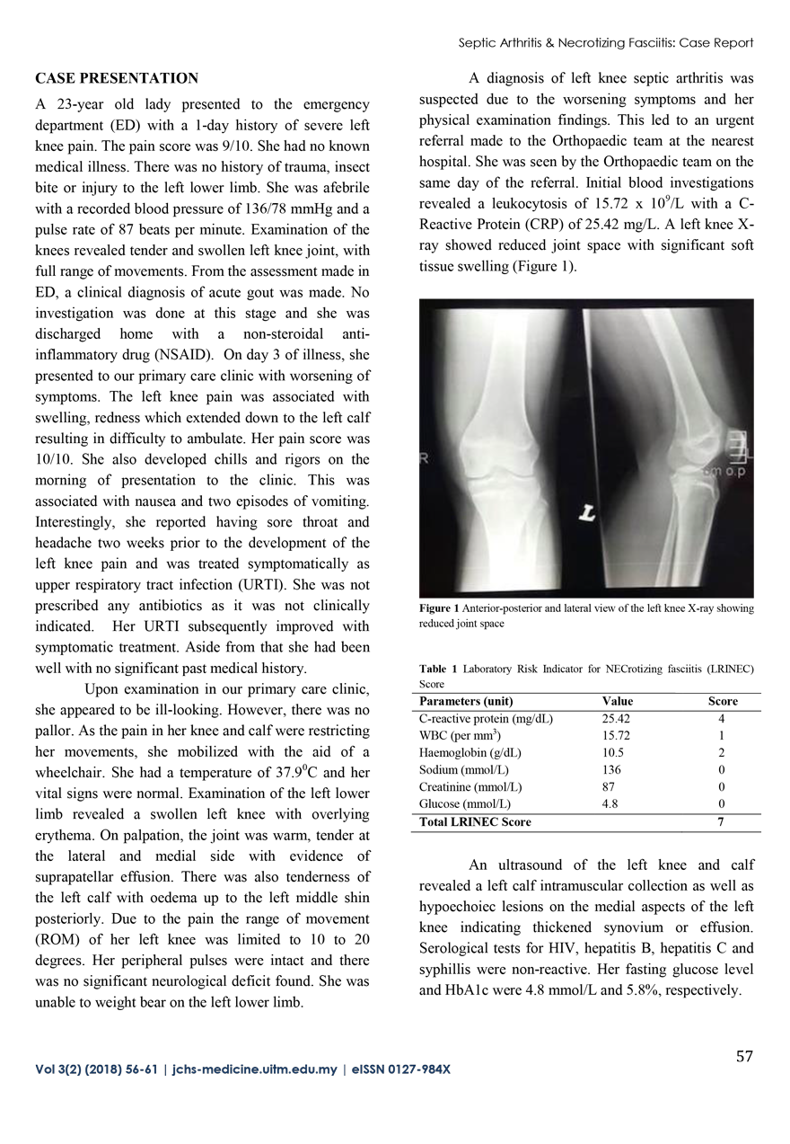 Septic Arthritis of the Knee and Necrotizing Fasciitis in a Young Immunocompetent Adult A Case Report 2